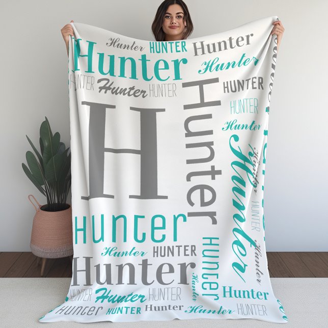 Teal och Grått Namn och Monogram Cloud Ord Art Fleecefilt (Teal and Gray Name and Monogram Cloud Word Art Fleece Blanket)