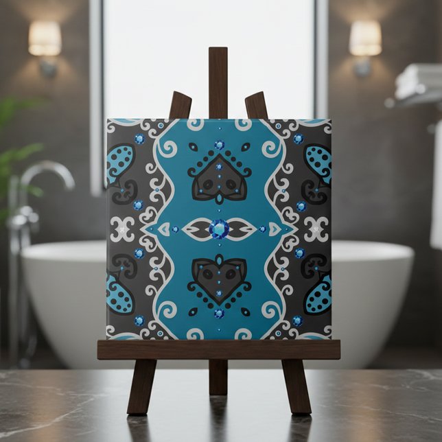 Teal och Grått Vintage Damask Rhinestones Mönster Kakelplatta (Skapare uppladdad)