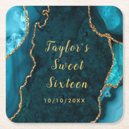 Teal och Guld Agate Marble Sweet sixteen Underlägg Papper Kvadrat