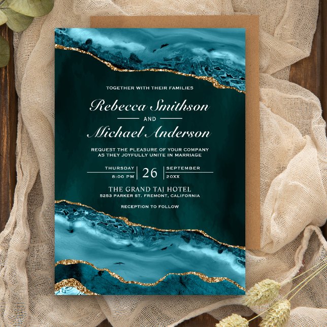 Teal och guld Agate Marmor Bröllop Inbjudningar (Skapare uppladdad)