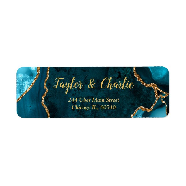 Teal och guld Agate Marmor Bröllop Returadress Etikett (Framsidan)