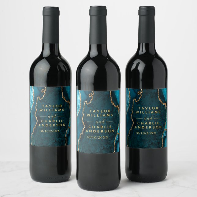 Teal och guld Agate Marmor Bröllop Vinflaska Etikett (Flaskor)