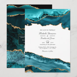 Teal och guld Agate QR-kod RSVP Bröllop Inbjudningar