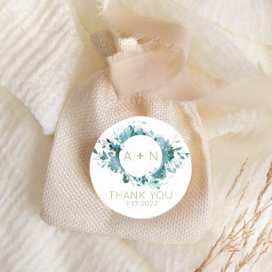 Teal och guld Agate Watercolor monogram Runt Klistermärke