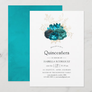 Teal och guld blomster Quinceañera Inbjudningar