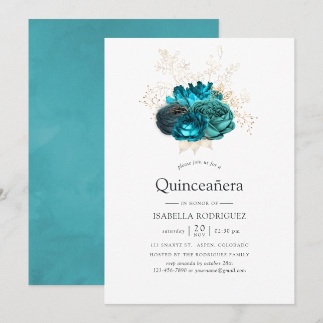 Teal och guld blomster Quinceañera Inbjudningar (Fram/baksida)