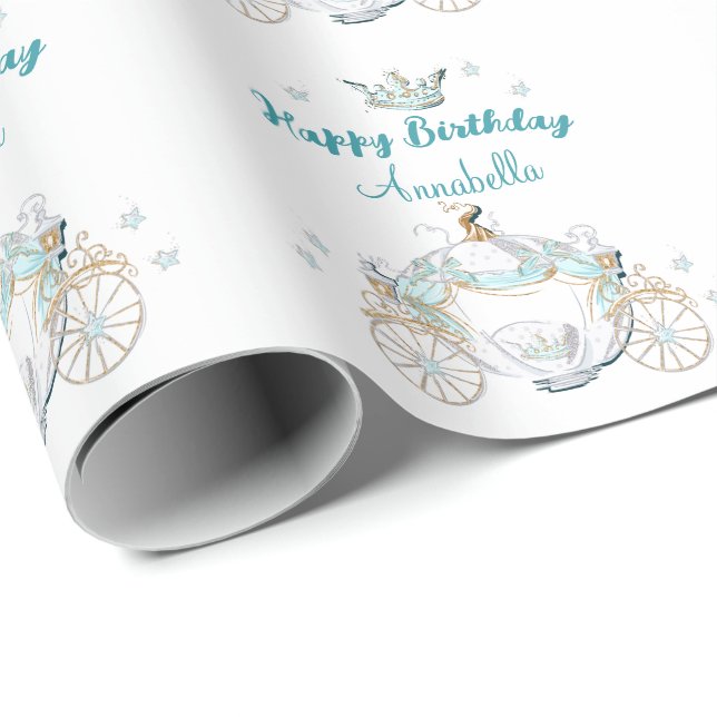 Teal och Guld Cinderella Princess Carriage Presentpapper (Rullad Hörn)