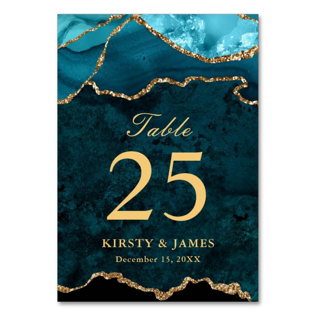 Teal och guld falskt glitter Agat bröllop Bordsnummer (Framsidan)
