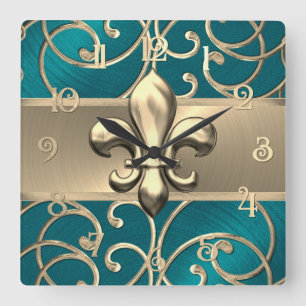 Teal och Guld Filigree Swirls Fleur de Lis Fyrkantig Klocka
