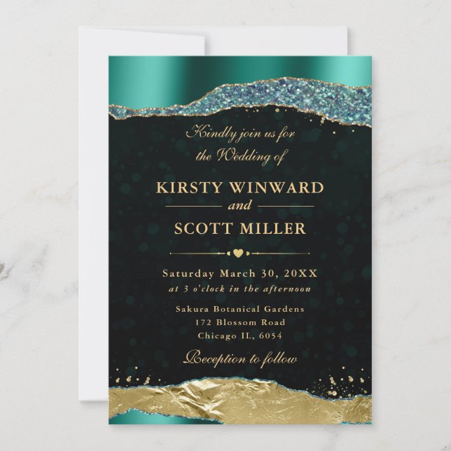 Teal och Guld Glam Tårar och Bokeh Bröllop Inbjudningar (Framsida)