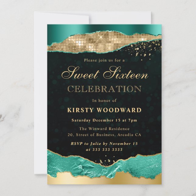 Teal och Guld Glam Tårar Sweet sixteen Inbjudningar (Framsida)