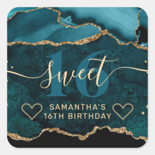 Teal och guld glitter agat marmor Sweet 16 Fyrkantigt Klistermärke