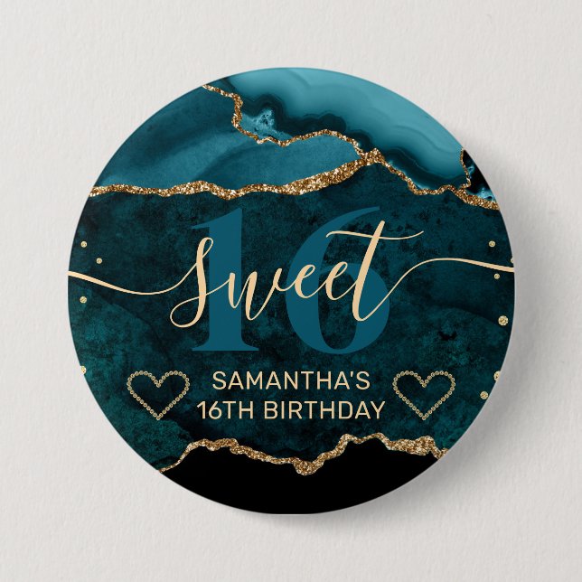 Teal och guld glitter agat marmor Sweet 16  Knapp (Framsida)