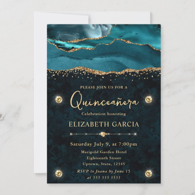 Teal och guld glitter Agate Quinceanera Inbjudningar (Framsida)
