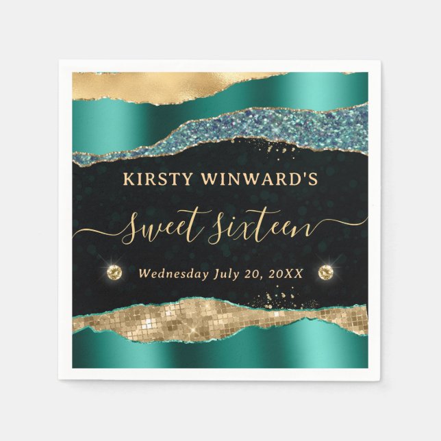 Teal och guld glitter glam tårar Bokeh Sweet 16 Pappersservett (Framsidan)