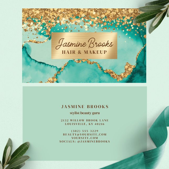 Teal Och Guld Glitter Glam Visitkort (Skapare uppladdad)
