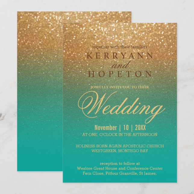 Teal och Guld Glitter Inbjudningar (Fram/baksida)