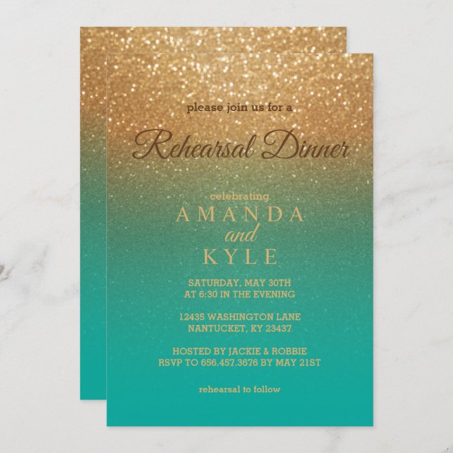 Teal och Guld Glitter - Rehearsal Dinner Inbjudningar (Fram/baksida)