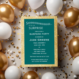 Teal och Guld Glitter Surprise Party födelsedag Inbjudningar