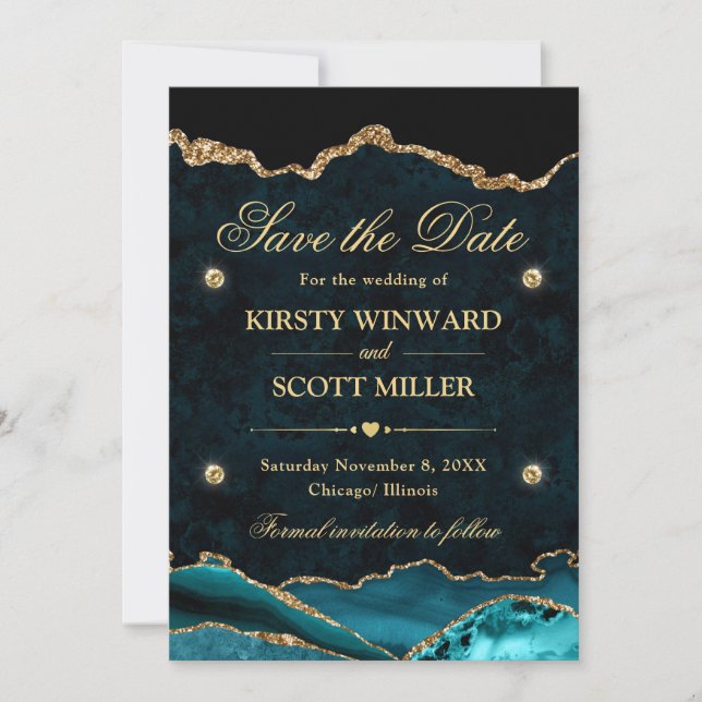 Teal och guld glittermarmor agat Spara datum Datumet (Framsida)