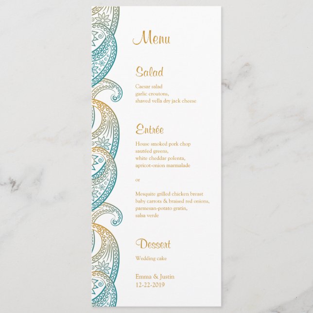 Teal och Guld Indian Paisley Bröllop Meny (Framsida)