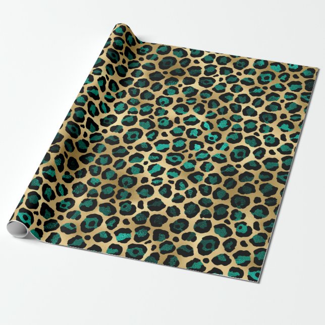 Teal och Guld Leopard Serie Design 14  Presentpapper (Utrullad)
