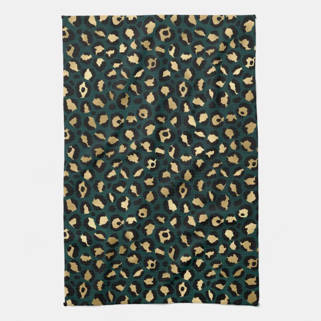 Teal och Guld Leopard Serie Design 1  Kökshandduk (Vertikal)