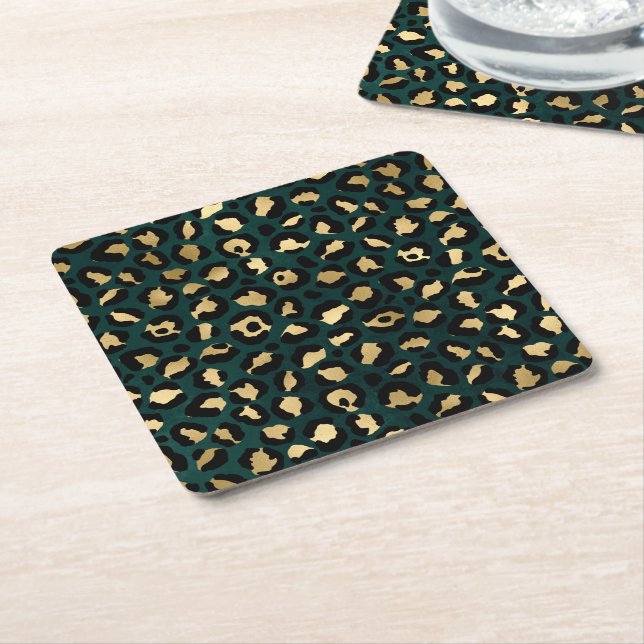 Teal och Guld Leopard Serie Design 1  Underlägg Papper Kvadrat (Vinklad)