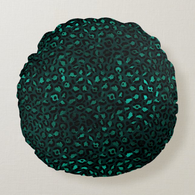 Teal och Guld Leopard Serie Design 4  Rund Kudde (Framsidan)