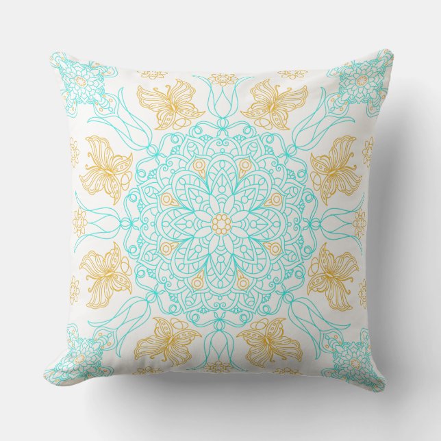 Teal och Guld Mandala med Butterfly Kudde (Framsida)