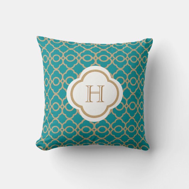 Teal och Guld marockanska Monogram Kudde (Framsida)