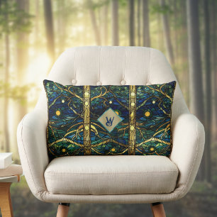 Teal och Guld Moonlight Forest med Monogram Lumbarkudde