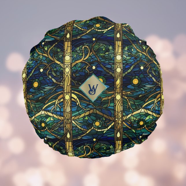 Teal och Guld Moonlight Forest med Monogram Rund Kudde (Skapare uppladdad)