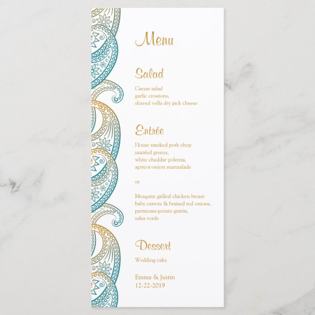 Teal och Guld Paisley Indian Bröllop Rackcard Meny (Framsida)