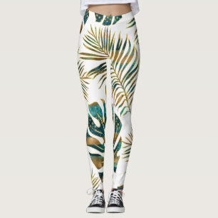 Teal och guld-plåstrade tropiska löv leggings