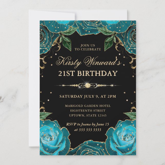 Teal och Guld Ro Blommigt 21:a födelsedagen Inbjudningar (Framsida)