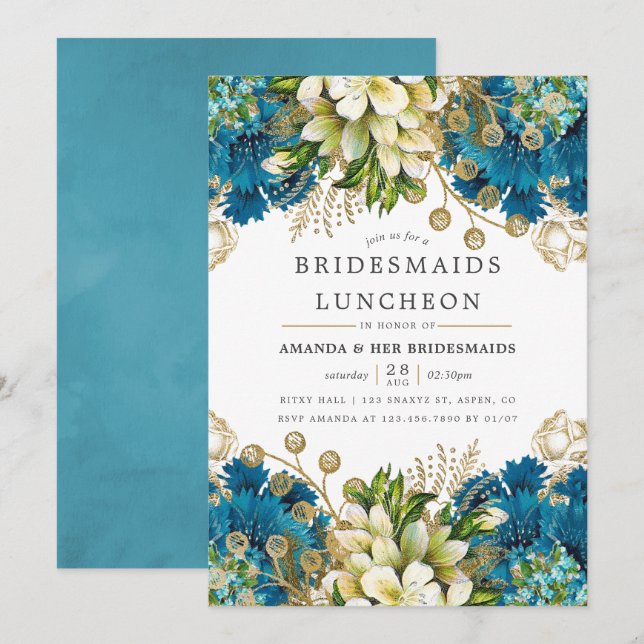 Teal och Guld Shabby-Chic Bridesmaids Luncheon Inbjudningar (Fram/baksida)