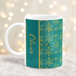 Teal och Guld Snöflingor jul Mugg med Namn