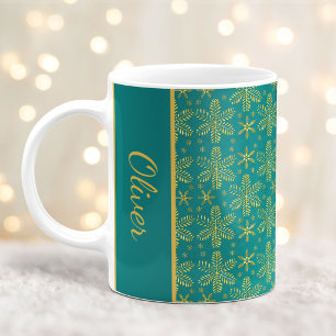 Teal och Guld Snöflingor jul Mugg med Namn