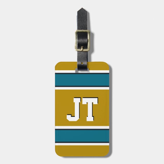 Teal och Guld Sport Rand Monogram Bagagebricka (Vertikal Framsida)