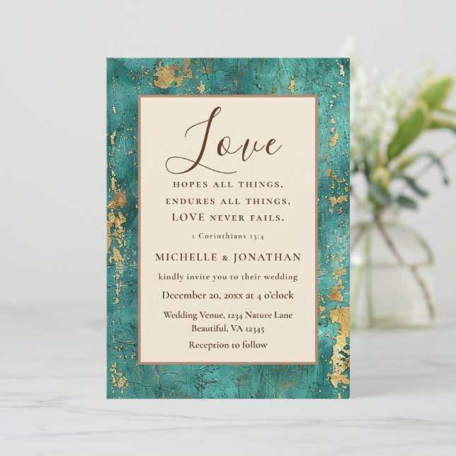 Teal och Guld Tones Christian Bible Verse Bröllop Inbjudningar (Stående Fram)