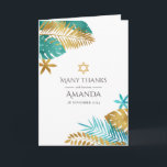 Teal och Guld Tropical Bat mitzvah Tack Kort<br><div class="desc">Jag vill tacka er för det här tackkortet för elegant, perfekt för ett Bat mitzvah eller judiskt firande. Med en tropisk utformning med teal och guld handflatan löv och David Star, blandar detta kort på ett vackert sätt det moderna stil med traditionell symbolik. Helt anpassade, det är ett tänkvärt sätt...</div>