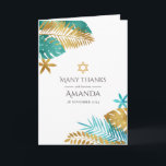 Teal och Guld Tropical Bat mitzvah Tack Kort<br><div class="desc">Jag vill tacka er för det här tackkortet för elegant, perfekt för ett Bat mitzvah eller judiskt firande. Med en tropisk utformning med teal och guld handflatan löv och David Star, blandar detta kort på ett vackert sätt det moderna stil med traditionell symbolik. Helt anpassade, det är ett tänkvärt sätt...</div>