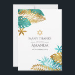 Teal och Guld Tropical Bat mitzvah Tack Kort<br><div class="desc">Jag vill tacka er för det här tackkortet för elegant, perfekt för ett Bat mitzvah eller judiskt firande. Med en tropisk utformning med teal och guld handflatan löv och David Star, blandar detta kort på ett vackert sätt det moderna stil med traditionell symbolik. Helt anpassade, det är ett tänkvärt sätt...</div>