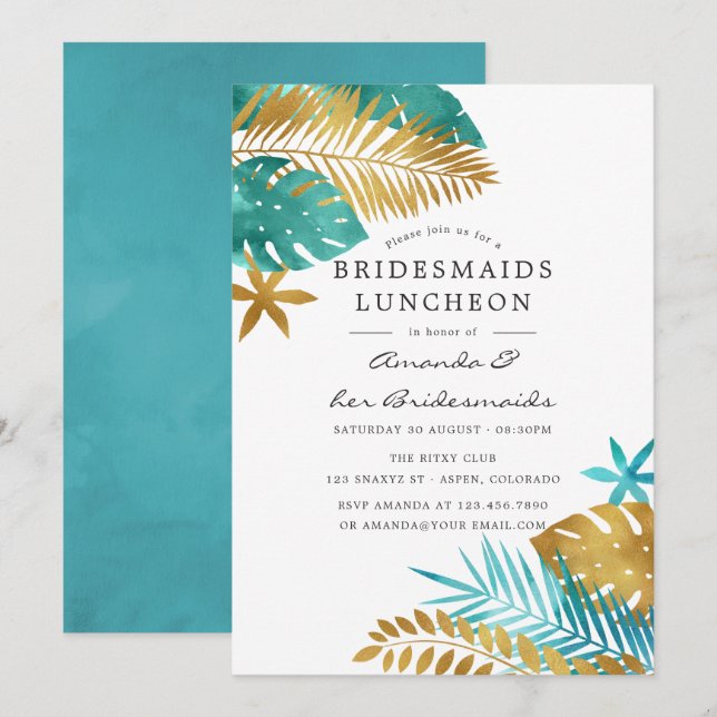 Teal och Guld Tropical Bridesmaids Luncheon Inbjudningar (Fram/baksida)