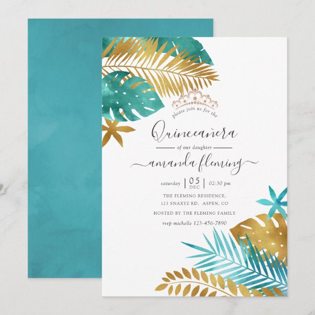 Teal och Guld Tropical Quinceañera Inbjudningar (Fram/baksida)