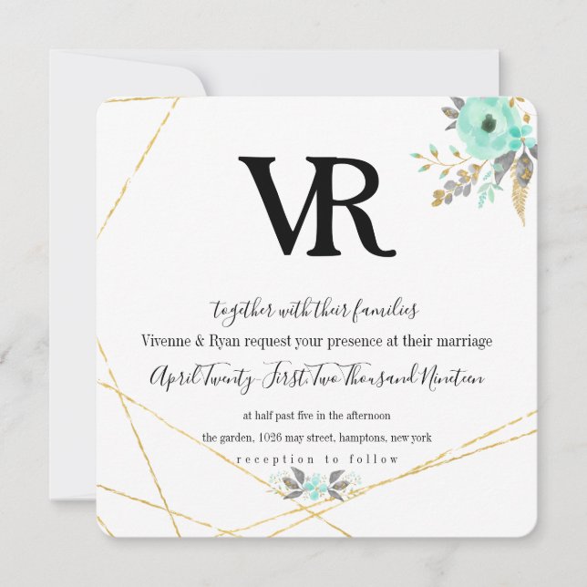 Teal och Guld Vår bröllop Inbjudningar (Framsida)