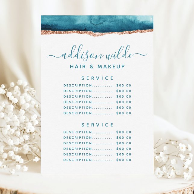 Teal Och Guld Watercolor Service Pris Meny (Skapare uppladdad)