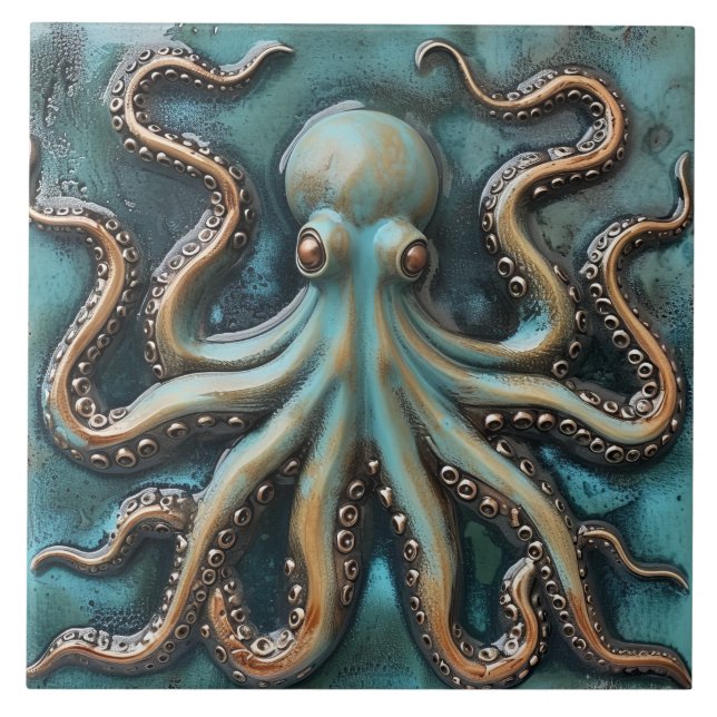 Teal och koppar 3D- effekt Octopus Aquatic Kakelplatta (Framsidan)