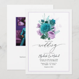 Teal och Lavendel Blommig Bröllopsfoto Inbjudningar